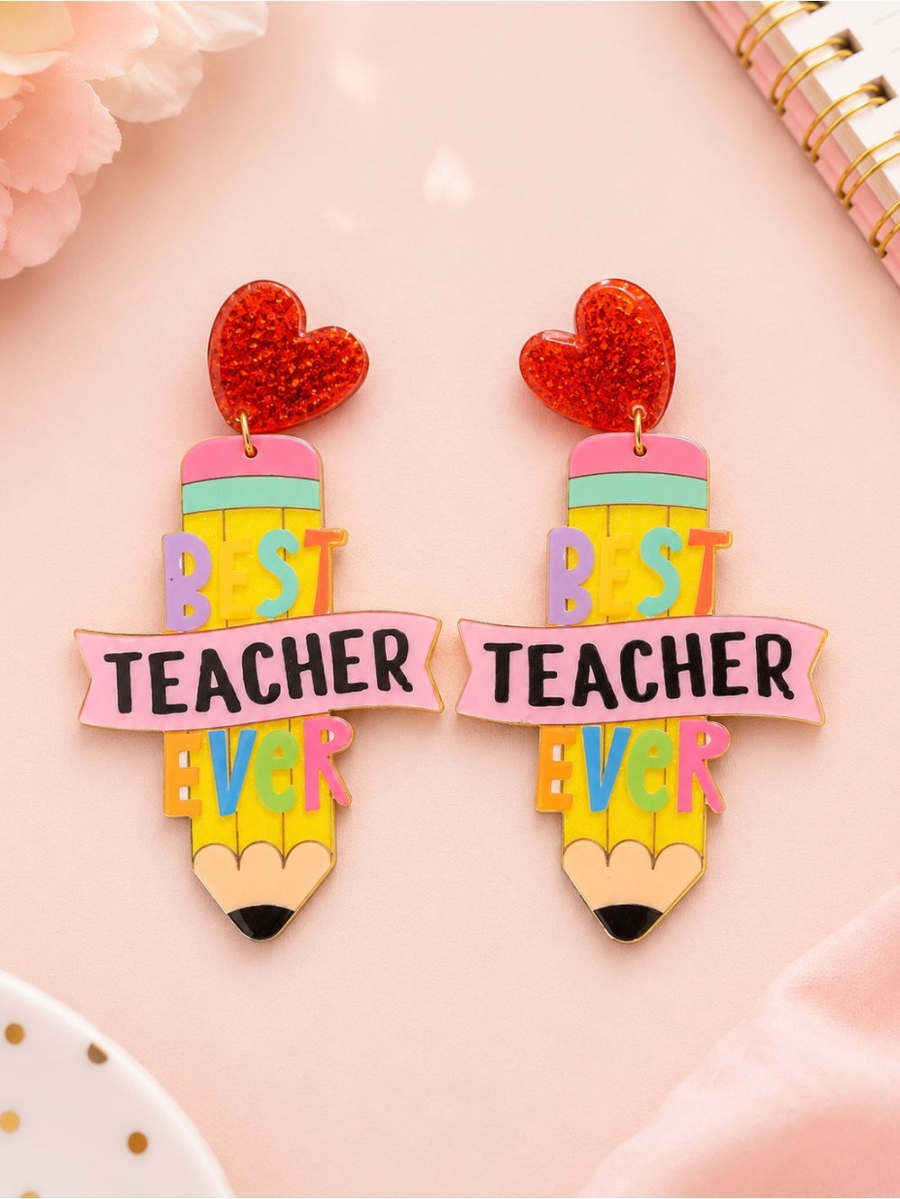 Best Teacher Ever Pencil Earrings - Pink, Yellow & Red